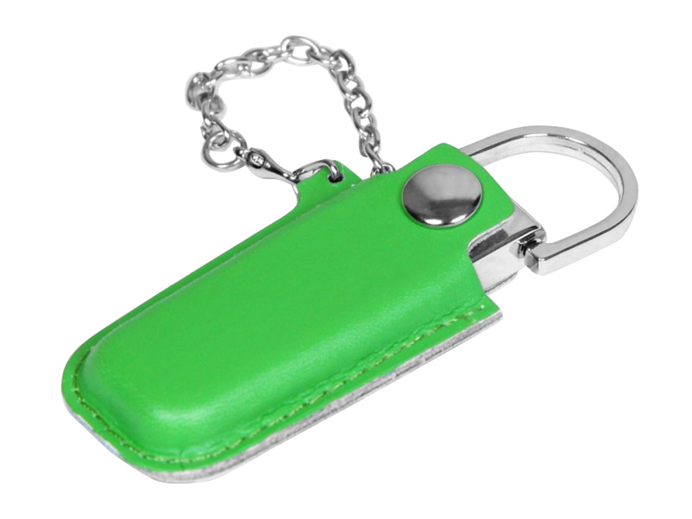 USB 2.0- флешка на 16 Гб в массивном корпусе с кожаным чехлом - 64Gb, зеленый-серебристый