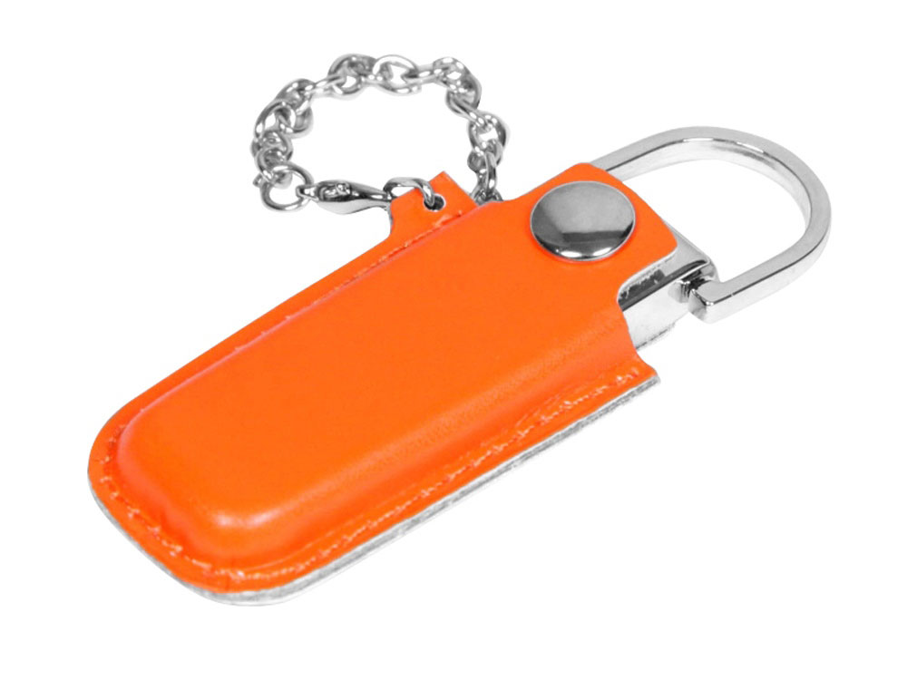 USB 2.0- флешка на 16 Гб в массивном корпусе с кожаным чехлом - 8Gb, оранжевый-серебристый