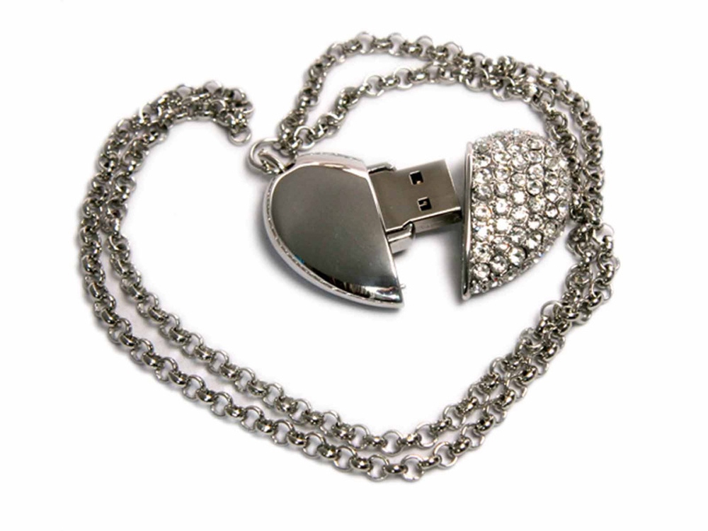 USB 2.0- флешка на 8 Гб «Сердце» с кристаллами - 32Gb, серебристый