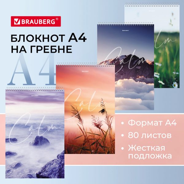 Блокнот БОЛЬШОЙ ФОРМАТ А4 198х297 мм, 80 л., гребень, жесткая подложка, клетка, BRAUBERG, "Calm", 114357 — изображение 8
