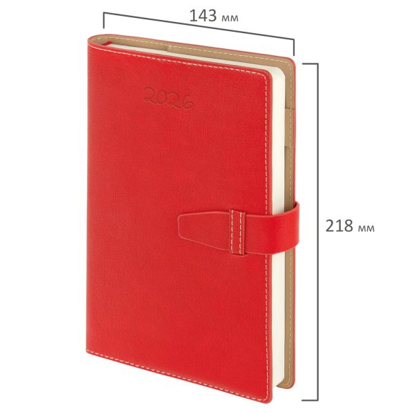 Ежедневник датированный 2026, А5, 143х218 мм, BRAUBERG "Journal", под кожу, застежка, держатель для ручки, органайзер, красный, 117380 — изображение 2