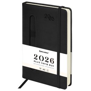 Ежедневник датированный 2026, А5, 138x213 мм, BRAUBERG "Optimal", под кожу, резинка, держатель для ручки, черный, 117465
