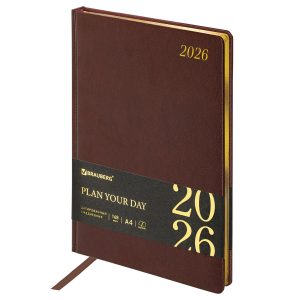 Ежедневник датированный 2026 БОЛЬШОЙ ФОРМАТ 210х297 мм, А4, BRAUBERG "Iguana", под кожу, коричневый, 117244