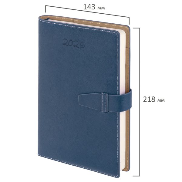 Ежедневник датированный 2026, А5, 143х218 мм, BRAUBERG "Journal", под кожу, застежка, держатель для ручки, органайзер, синий, 117379 — изображение 2