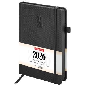 Ежедневник датированный 2026, А5, 138х213 мм, BRAUBERG "Plain", под кожу, резинка, держатель для ручки, черный, 117505
