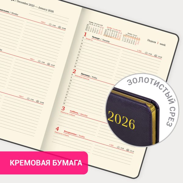 Еженедельник датированный 2026, А5, 145х215 мм, BRAUBERG "Iguana", под кожу, темно-фиолетовый, 117172 — изображение 15