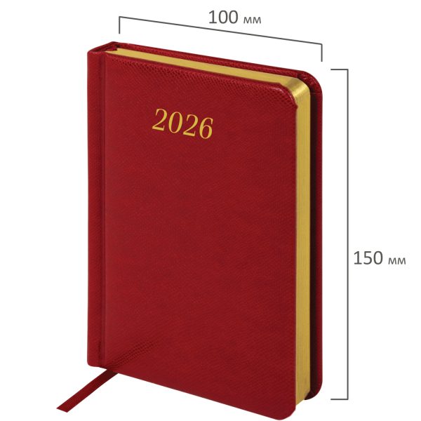 Ежедневник датированный 2026, МАЛЫЙ ФОРМАТ 100х150 мм, А6, BRAUBERG "Iguana", под кожу, красный, 117251 — изображение 2