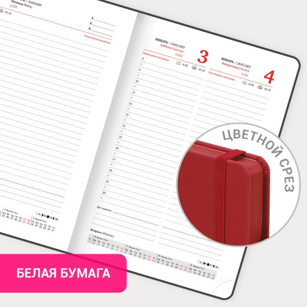 Ежедневник датированный 2026, А5, 138х213 мм, BRAUBERG "Plain", под кожу, резинка, держатель для ручки, красный, 117508 — изображение 16