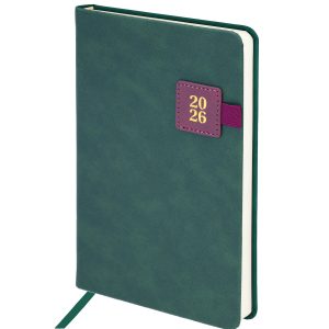 Ежедневник датированный 2026 А5 138х213 мм, BRAUBERG "Accent", под кожу, держатель, зеленый/бордо, 117387