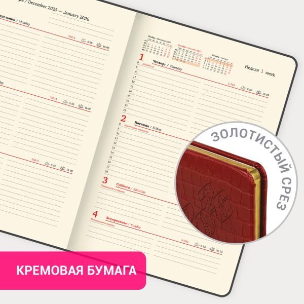 Еженедельник датированный 2026 А5 145х215 мм, BRAUBERG "Comodo", под кожу, красный, 117168 — изображение 15