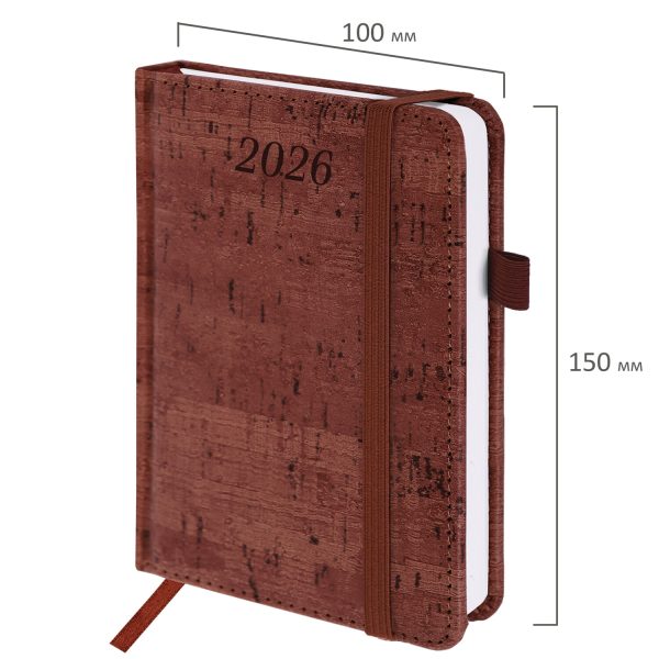 Ежедневник датированный 2026 МАЛЫЙ ФОРМАТ 100х150 мм, А6, BRAUBERG "Wood", под кожу, коричневый, 117263 — изображение 2