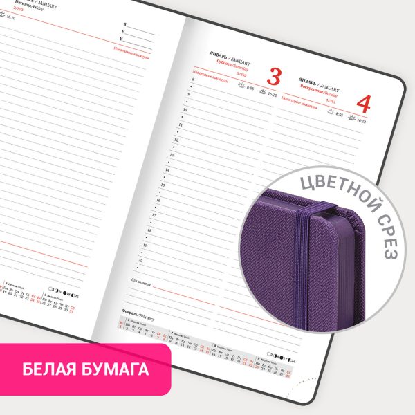 Ежедневник датированный 2026, А5, 138х213 мм, BRAUBERG "Plain", под кожу, резинка, держатель для ручки, фиолетовый, 117509 — изображение 16