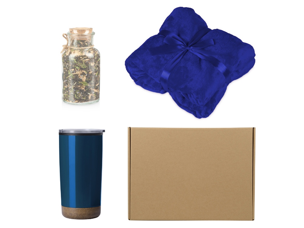 Подарочный набор с пледом, термокружкой и чаем - темно-синий/синий Подарочный набор с пледом, термокружкой и чаем