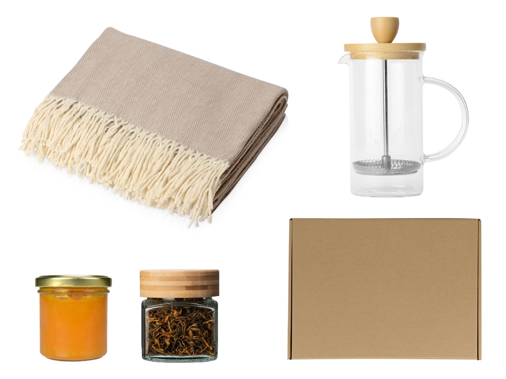 Подарочный набор с пледом, френчпрессом, чаем и вареньем Подарочный набор с пледом, френчпрессом, чаем и вареньем