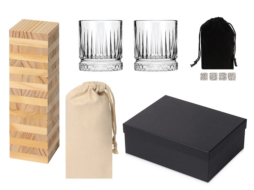 Подарочный набор с бокалами, камнями для виски и дженгой Подарочный набор с бокалами, камнями для виски и дженгой
