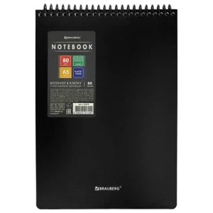 Блокнот А5, 80 л., спираль пластиковая, обложка пластик, клетка, BRAUBERG "Metropolis", ЧЕРНЫЙ, 115572