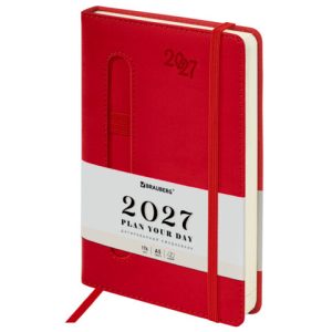 Ежедневник датированный 2027, А5, 138x213 мм, BRAUBERG "Optimal", под кожу, резинка, держатель для ручки, красный, 117937