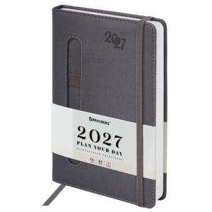 Ежедневник датированный 2027, А5, 138x213 мм, BRAUBERG "Optimal", под кожу, резинка, держатель для ручки, серый, 117933