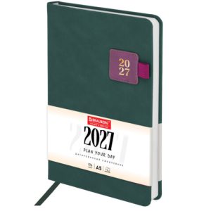 Ежедневник датированный 2027, А5, 138х213 мм, BRAUBERG "Accent", под кожу, держатель, зеленый/бордо, 118004