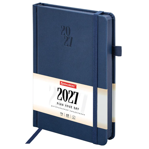 Ежедневник датированный 2027, А5, 138х213 мм, BRAUBERG "Plain", под кожу, резинка, держатель для ручки, синий, 118037 Ежедневник датированный 2027, А5, 138х213 мм, BRAUBERG "Plain", под кожу, резинка, держатель для ручки, синий, 118037