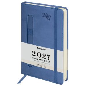 Ежедневник датированный 2027, А5, 138x213 мм, BRAUBERG "Optimal", под кожу, резинка, держатель для ручки, синий, 117934