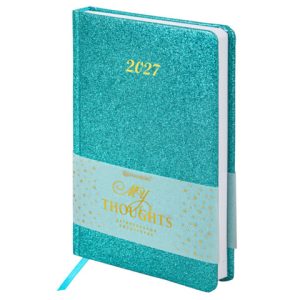 Ежедневник датированный 2027, А5, 138x213 мм, BRAUBERG "Sparkle", под кожу, блестки, бирюзовый, 117966