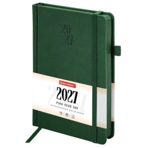 Ежедневник датированный 2027, А5, 138х213 мм, BRAUBERG "Plain", под кожу, резинка, держатель для ручки, темно-зеленый, 118038