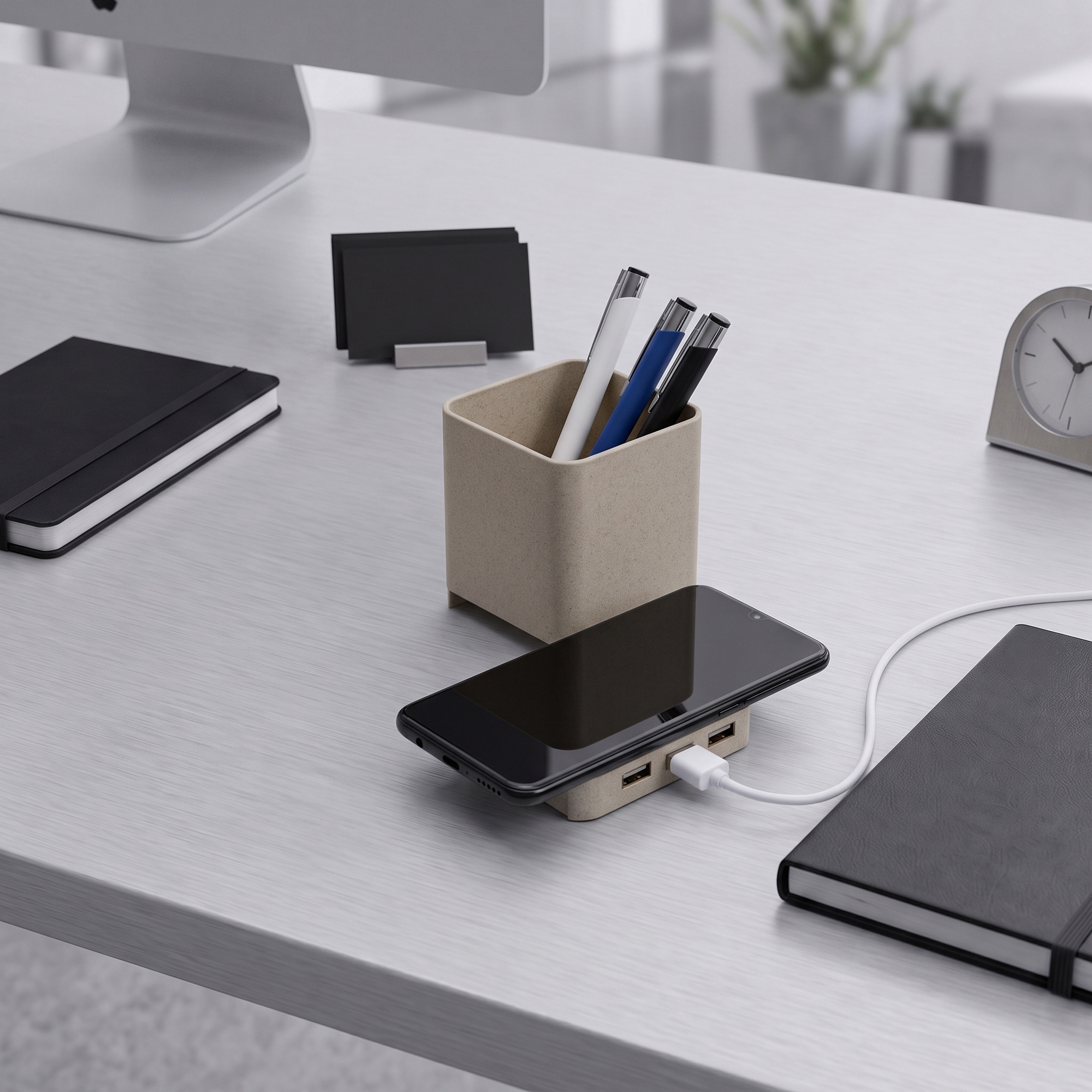 Настольный органайзер Cubic с функциями USB-хаба и беспроводной зарядки Настольный органайзер Cubic с функциями USB-хаба и беспроводной зарядки